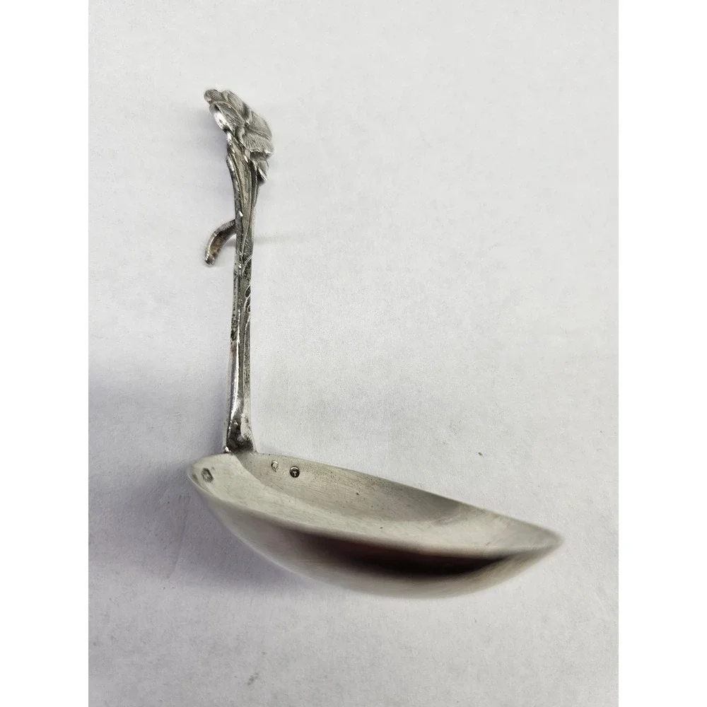 Rare Dutch Antique 1929 Pansy Sterling‎ Silver Cream Spoon with Hook Floral